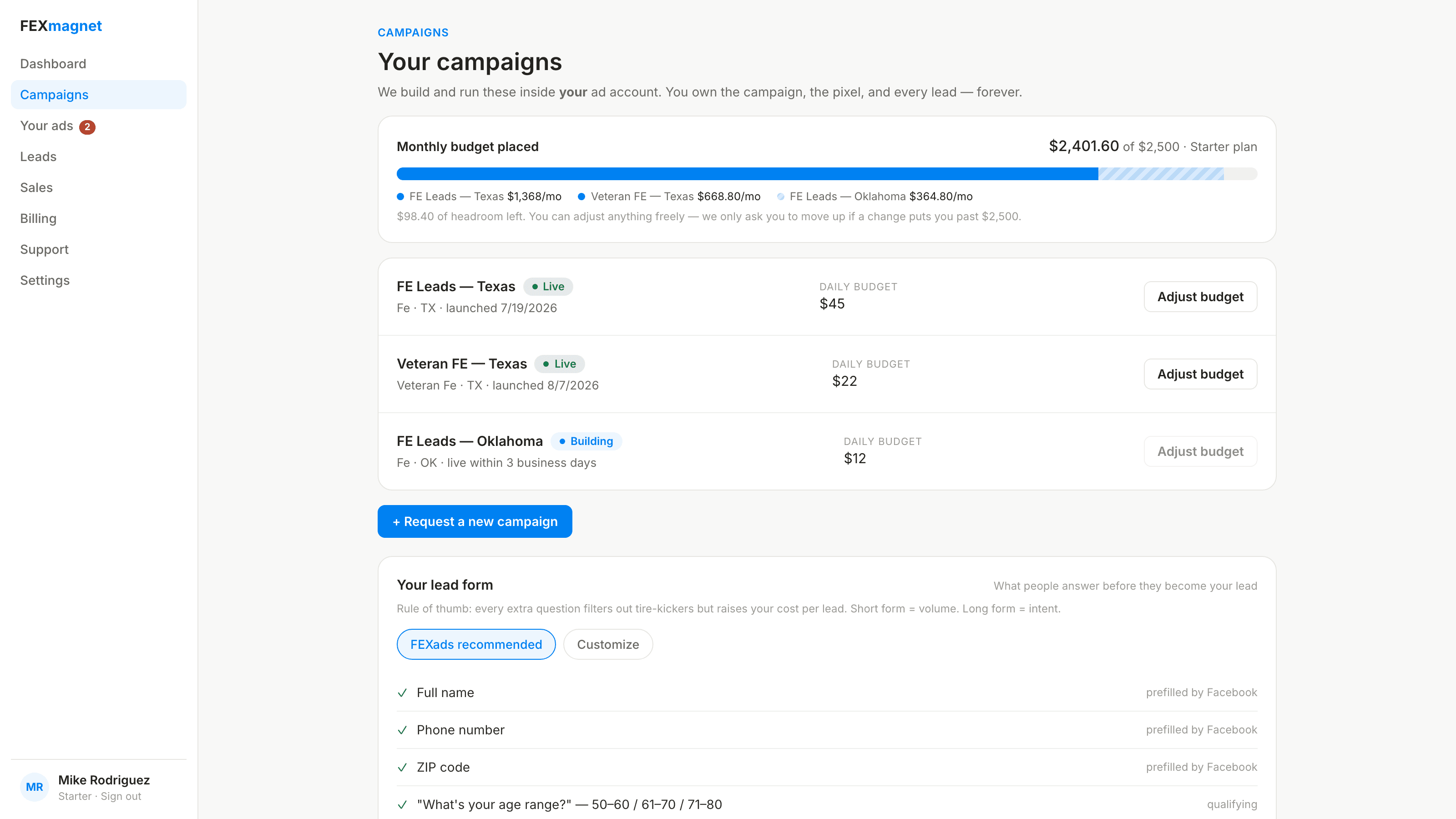 FEXmagnet campaigns with spend and lead costs