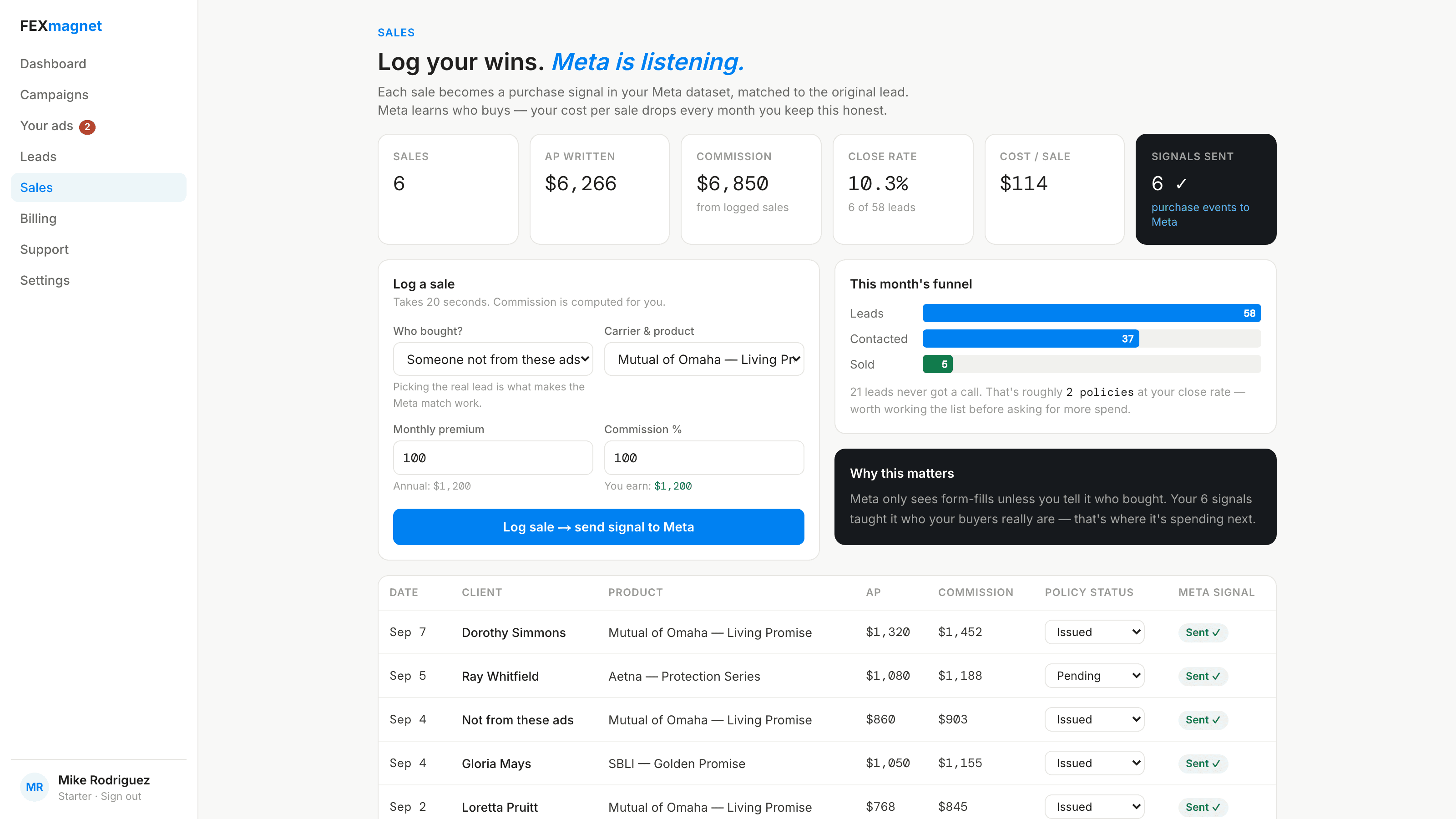 FEXmagnet sales tracking screen
